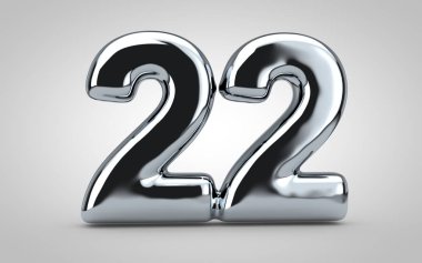 22 numaralı krom balon beyaz arka planda izole edilmiş. 3 boyutlu resimleme. Yıldönümü, doğum günü, yeni yıl kutlaması için en iyisi..