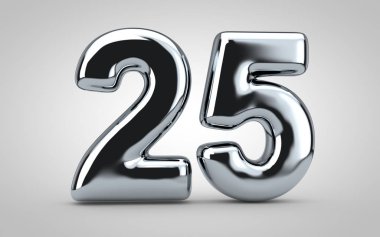25 numaralı krom balon beyaz arka planda izole edilmiş. 3 boyutlu resimleme. Yıldönümü, doğum günü, yeni yıl kutlaması için en iyisi..