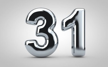 31 numaralı krom balon beyaz arka planda izole edilmiş. 3 boyutlu resimleme. Yıldönümü, doğum günü, yeni yıl kutlaması için en iyisi..