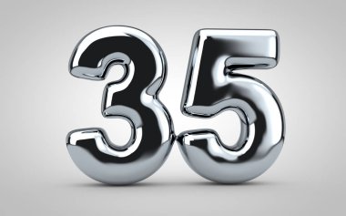 35 numaralı krom balon beyaz arka planda izole edilmiş. 3 boyutlu resimleme. Yıldönümü, doğum günü, yeni yıl kutlaması için en iyisi..