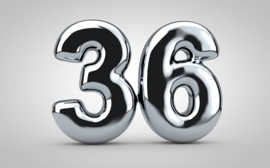 36 numaralı krom balon beyaz arka planda izole edilmiş. 3 boyutlu resimleme. Yıldönümü, doğum günü, yeni yıl kutlaması için en iyisi..