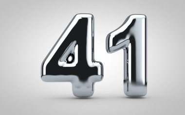 41 numaralı krom balon beyaz arka planda izole edilmiş. 3 boyutlu resimleme. Yıldönümü, doğum günü, yeni yıl kutlaması için en iyisi..
