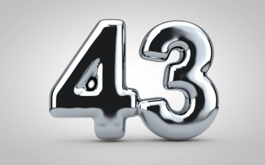 43 numaralı krom balon beyaz arka planda izole edilmiş. 3 boyutlu resimleme. Yıldönümü, doğum günü, yeni yıl kutlaması için en iyisi..