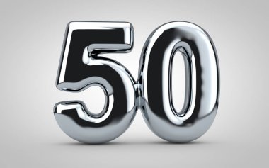 Beyaz arka planda 50 numaralı krom balon izole edilmiş. 3 boyutlu resimleme. Yıldönümü, doğum günü, yeni yıl kutlaması için en iyisi..