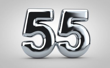 55 numaralı krom balon beyaz arka planda izole edilmiş. 3 boyutlu resimleme. Yıldönümü, doğum günü, yeni yıl kutlaması için en iyisi..