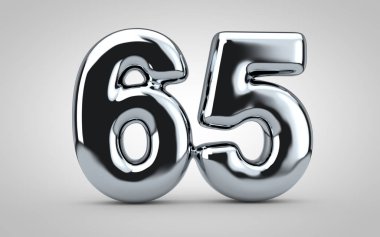 Beyaz arka planda 65 numaralı krom balon izole edildi. 3 boyutlu resimleme. Yıldönümü, doğum günü, yeni yıl kutlaması için en iyisi..
