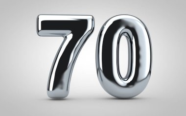 70 numaralı krom balon beyaz arka planda izole edilmiş. 3 boyutlu resimleme. Yıldönümü, doğum günü, yeni yıl kutlaması için en iyisi..
