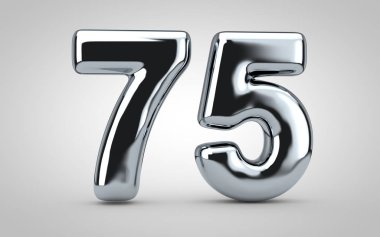 75 numaralı krom balon beyaz arka planda izole edilmiş. 3 boyutlu resimleme. Yıldönümü, doğum günü, yeni yıl kutlaması için en iyisi..