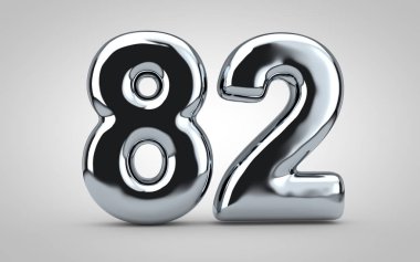 82 numaralı krom balon beyaz arka planda izole edilmiş. 3 boyutlu resimleme. Yıldönümü, doğum günü, yeni yıl kutlaması için en iyisi..