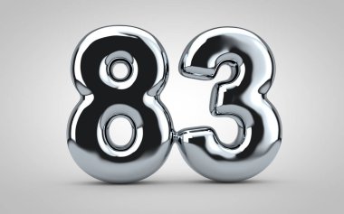 83 numaralı krom balon beyaz arka planda izole edilmiş. 3 boyutlu resimleme. Yıldönümü, doğum günü, yeni yıl kutlaması için en iyisi..