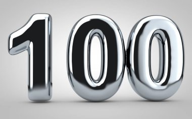 Beyaz arka planda izole edilmiş 100 numaralı krom balon. 3 boyutlu resimleme. Yıldönümü, doğum günü, yeni yıl kutlaması için en iyisi..