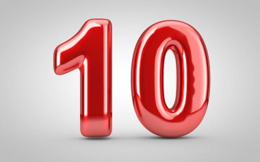 10 numaralı kırmızı balon beyaz arka planda izole edilmiş. 3 boyutlu resimleme. Yıldönümü, doğum günü, yeni yıl kutlaması için en iyisi..