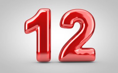 12 numaralı kırmızı balon beyaz arka planda izole edilmiş. 3 boyutlu resimleme. Yıldönümü, doğum günü, yeni yıl kutlaması için en iyisi..