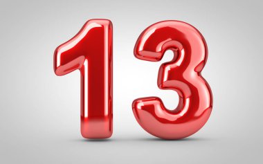 13 numaralı kırmızı balon beyaz arka planda izole edilmiş. 3 boyutlu resimleme. Yıldönümü, doğum günü, yeni yıl kutlaması için en iyisi..