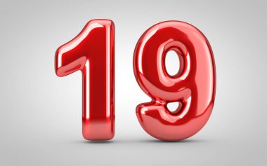 19 numaralı kırmızı balon beyaz arka planda izole edilmiş. 3 boyutlu resimleme. Yıldönümü, doğum günü, yeni yıl kutlaması için en iyisi..