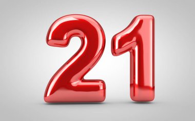 21 numaralı kırmızı balon beyaz arka planda izole edilmiş. 3 boyutlu resimleme. Yıldönümü, doğum günü, yeni yıl kutlaması için en iyisi..