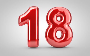 18 numaralı kırmızı balon beyaz arka planda izole edilmiş. 3 boyutlu resimleme. Yıldönümü, doğum günü, yeni yıl kutlaması için en iyisi..