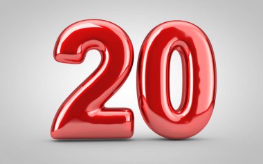 20 numaralı kırmızı balon beyaz arka planda izole edilmiş. 3 boyutlu resimleme. Yıldönümü, doğum günü, yeni yıl kutlaması için en iyisi..