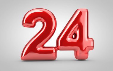 24 numaralı kırmızı balon beyaz arka planda izole edilmiş. 3 boyutlu resimleme. Yıldönümü, doğum günü, yeni yıl kutlaması için en iyisi..