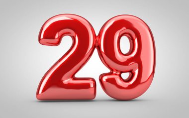 29 numaralı kırmızı balon beyaz arka planda izole edilmiş. 3 boyutlu resimleme. Yıldönümü, doğum günü, yeni yıl kutlaması için en iyisi..