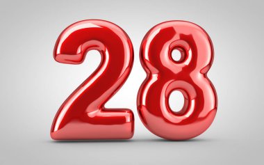 28 numaralı kırmızı balon beyaz arka planda izole edilmiş. 3 boyutlu resimleme. Yıldönümü, doğum günü, yeni yıl kutlaması için en iyisi..