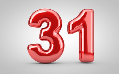 Beyaz arka planda izole edilmiş 31 numaralı kırmızı balon. 3 boyutlu resimleme. Yıldönümü, doğum günü, yeni yıl kutlaması için en iyisi..
