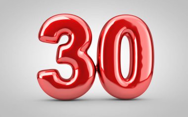 Beyaz arkaplanda 30 numaralı kırmızı parlak balon izole edildi.