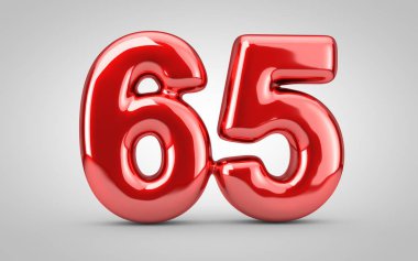 Beyaz arkaplanda 65 numaralı kırmızı parlak balon izole edildi.