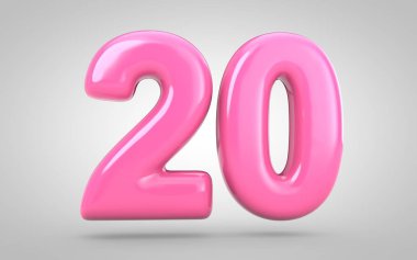 Beyaz arka planda 20 numaralı sakız izole edildi. 3 boyutlu resimleme. Yıldönümü, doğum günü partisi, yeni yıl kutlaması için en iyisi..