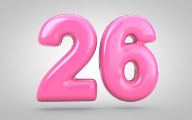 26 numaralı sakız beyaz arkaplanda izole edilmiş. 3 boyutlu resimleme. Yıldönümü, doğum günü partisi, yeni yıl kutlaması için en iyisi..