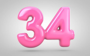 34 numaralı sakız beyaz arka planda izole edilmiş. 3 boyutlu resimleme. Yıldönümü, doğum günü partisi, yeni yıl kutlaması için en iyisi..
