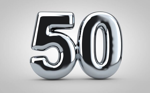 Chrome balloon number 50 isolated on white background. 3D rendered illustration. Best for anniversary, birthday, new year celebration.