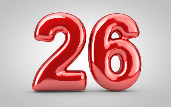 Red glossy balloon number 26 isolated on white background. 3D rendered illustration. Best for anniversary, birthday, new year celebration.