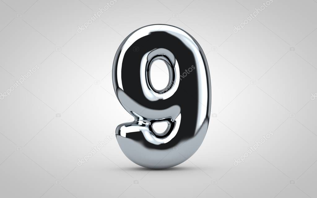 Chrome balloon number 9 isolated on white background. 3D rendered illustration. Best for anniversary, birthday, new year celebration.
