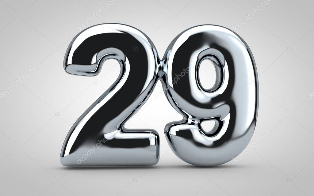 Chrome balloon number 29 isolated on white background. 3D rendered illustration. Best for anniversary, birthday, new year celebration.