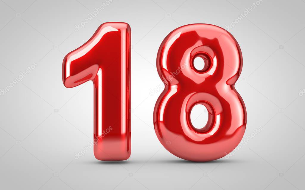 Red glossy balloon number 18 isolated on white background. 3D rendered illustration. Best for anniversary, birthday, new year celebration.