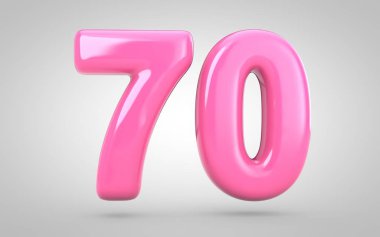 70 numaralı sakız beyaz arka planda izole edilmiş. 3 boyutlu resimleme. Yıldönümü, doğum günü partisi, yeni yıl kutlaması için en iyisi..