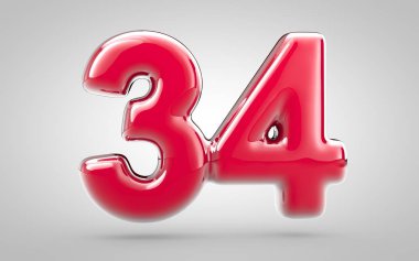 Beyaz arka planda 34 numaralı pembe tırnak cilası. Yıldönümü, doğum günü partisi, yeni yıl kutlaması için en iyisi..