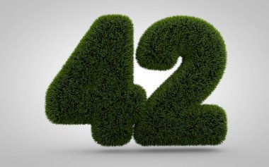 42 numaralı yeşil çimen beyaz arka planda izole edilmiş. Çevre afişi, poster, kapak, logo tasarım şablonu elementi için 3D biçilmiş çimen rakamları.