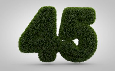 45 numaralı yeşil çimen beyaz arka planda izole edilmiş. Çevre afişi, poster, kapak, logo tasarım şablonu elementi için 3D biçilmiş çimen rakamları.