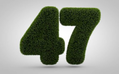 47 numaralı yeşil çimen beyaz arka planda izole edilmiş. Çevre afişi, poster, kapak, logo tasarım şablonu elementi için 3D biçilmiş çimen rakamları.
