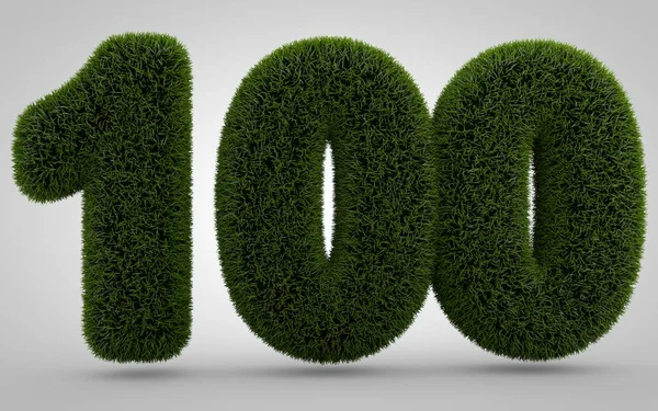 Grönt Gräs Nummer 100 Isolerad Vit Bakgrund Renderade Gräs Siffror — Stockfoto