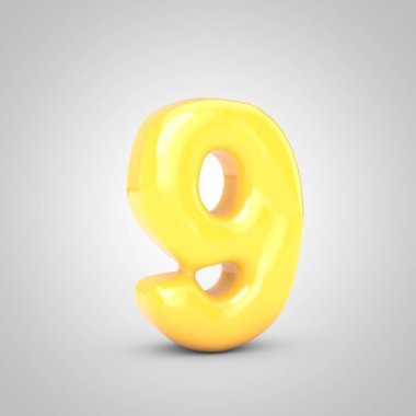 Beyaz arka planda 9 numaralı sarı meyveli sakız izole edildi. 3 boyutlu resimleme. Yıldönümü, doğum günü partisi, yeni yıl kutlaması için en iyisi..