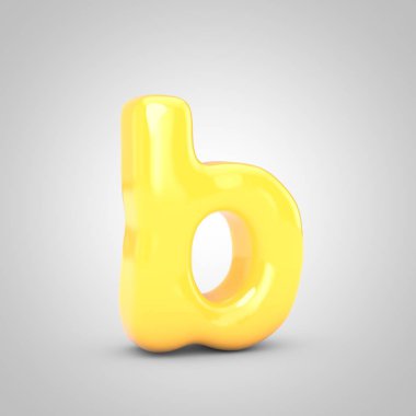 Sarı Meyve Sakızı harfi B küçük harf beyaz arka planda izole edilmiş. 3 boyutlu resimleme. Yıldönümü, doğum günü partisi, yeni yıl kutlaması için en iyisi..