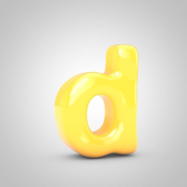 Sarı Meyve Sakızı D harfi beyaz arka planda izole edilmiş. 3 boyutlu resimleme. Yıldönümü, doğum günü partisi, yeni yıl kutlaması için en iyisi..