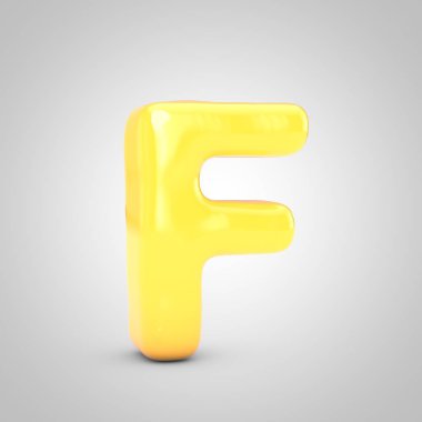 Beyaz arka planda izole edilmiş sarı meyveli sakız F harfi büyük harf. 3 boyutlu resimleme. Yıldönümü, doğum günü partisi, yeni yıl kutlaması için en iyisi..