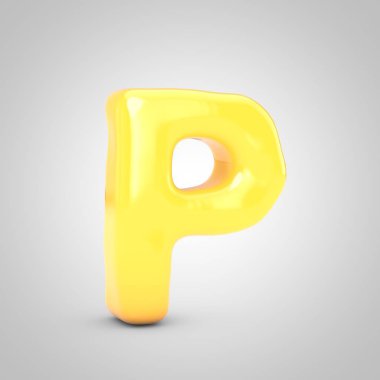 Sarı Meyve Sakızı harfi P büyük harfi beyaz arka planda izole edilmiş. 3 boyutlu resimleme. Yıldönümü, doğum günü partisi, yeni yıl kutlaması için en iyisi..