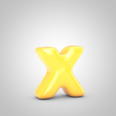 Sarı Meyve Sakızı harfi X küçük harf beyaz arka planda izole edilmiş. 3 boyutlu resimleme. Yıldönümü, doğum günü partisi, yeni yıl kutlaması için en iyisi..