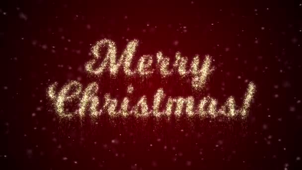 Merry Christmas text made with sparkling light particles appears on red festive background and snow slowly falling down — Stock Video