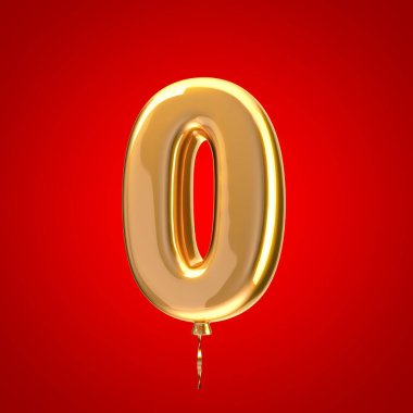 0 numaralı altın balon yazı tipi. Kırmızı arkaplanda izole edilmiş 3D alfabe. Yıldönümü için en iyisi, doğum günü partisi, kutlama.